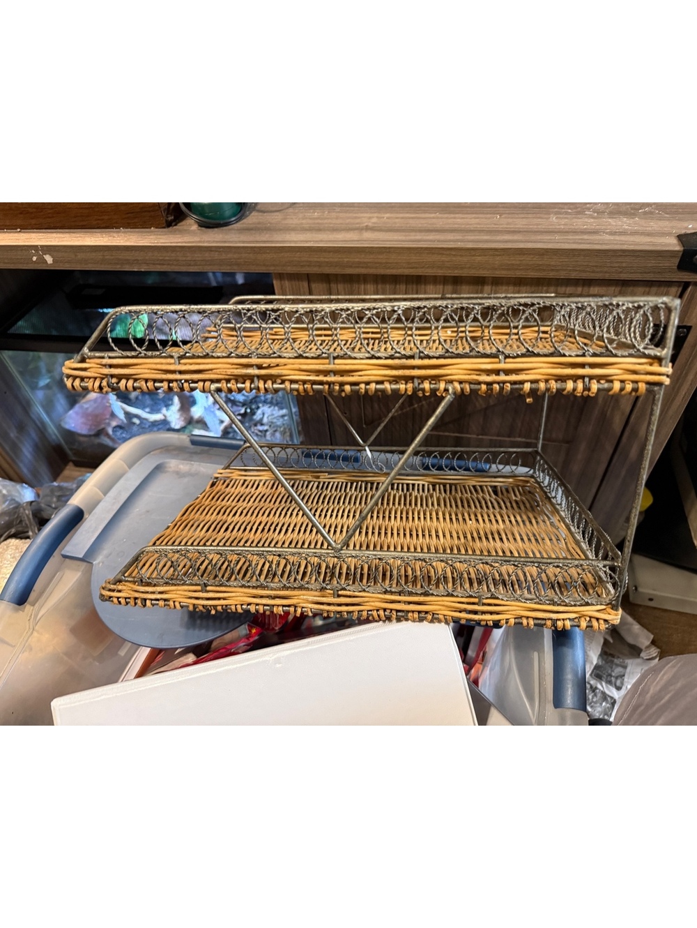 Vintage Two-Tier Wicker and Metal Serving Tray